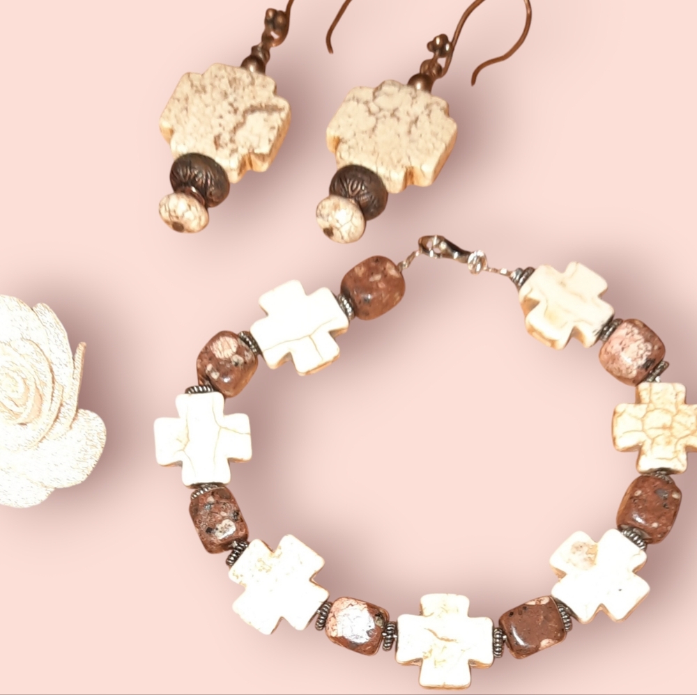 Gemstone 2 pc set earrings and bracelet jasper magnesite Beads